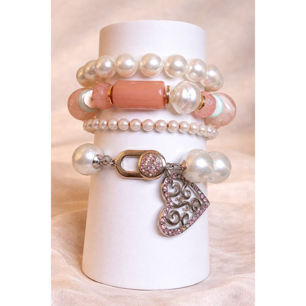 💜 Pearl + Pink Heart Charm Bracelet Set | Romantic Vintage-Inspired Stack